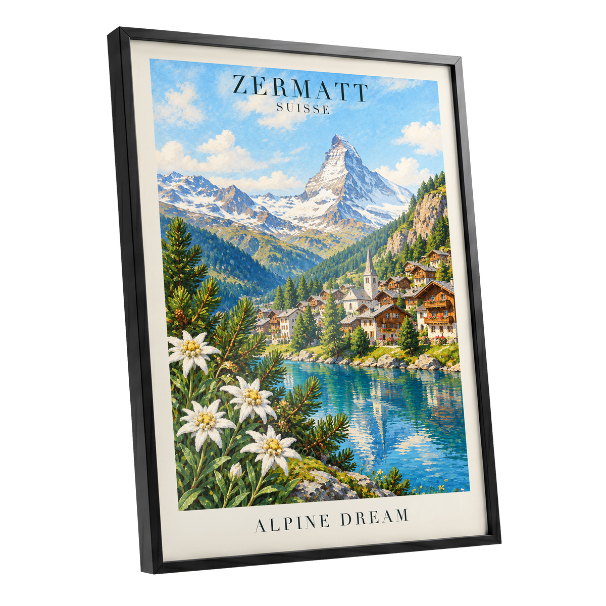 Zermatt Alpine Reverie, blue, green, white nature wall art shown as a black framed poster wall art print