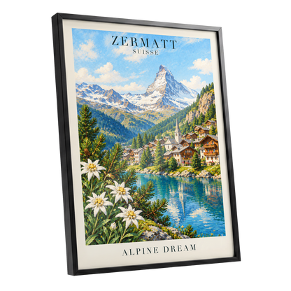 Zermatt Alpine Reverie, blue, green, white nature wall art shown as a black framed poster wall art print