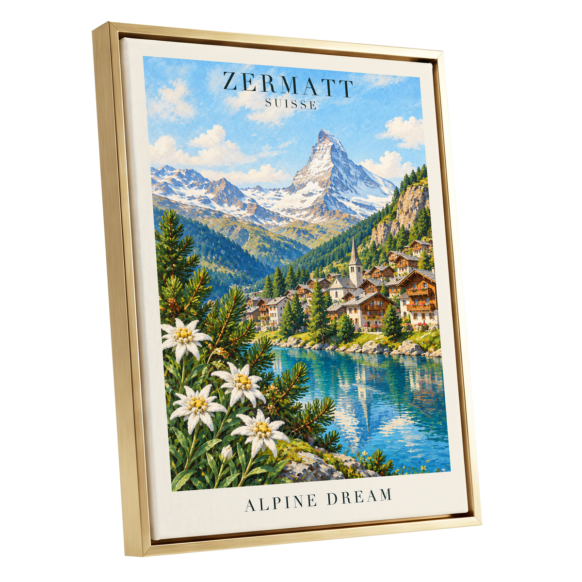 Zermatt Alpine Reverie, blue, green, white nature wall art shown as a gold framed canvas wall art