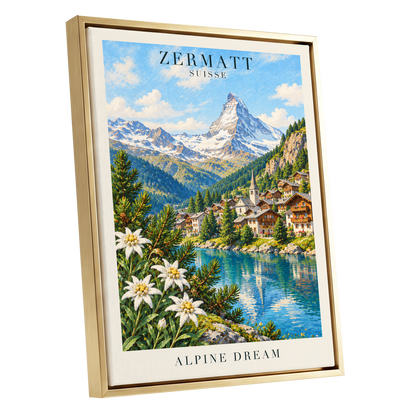 Zermatt Alpine Reverie, blue, green, white nature wall art shown as a gold framed canvas wall art