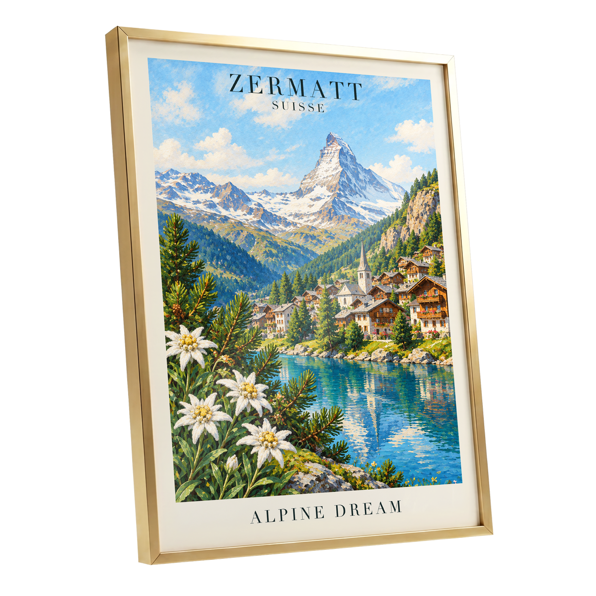 Zermatt Alpine Reverie, blue, green, white nature wall art shown as a gold framed poster wall art print