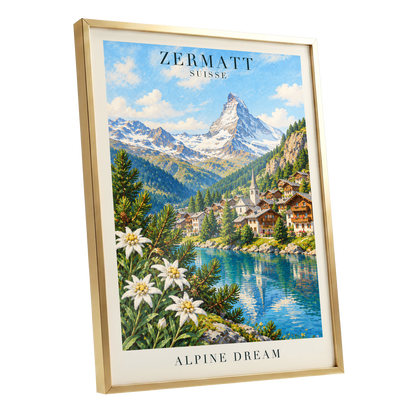 Zermatt Alpine Reverie, blue, green, white nature wall art shown as a gold framed poster wall art print