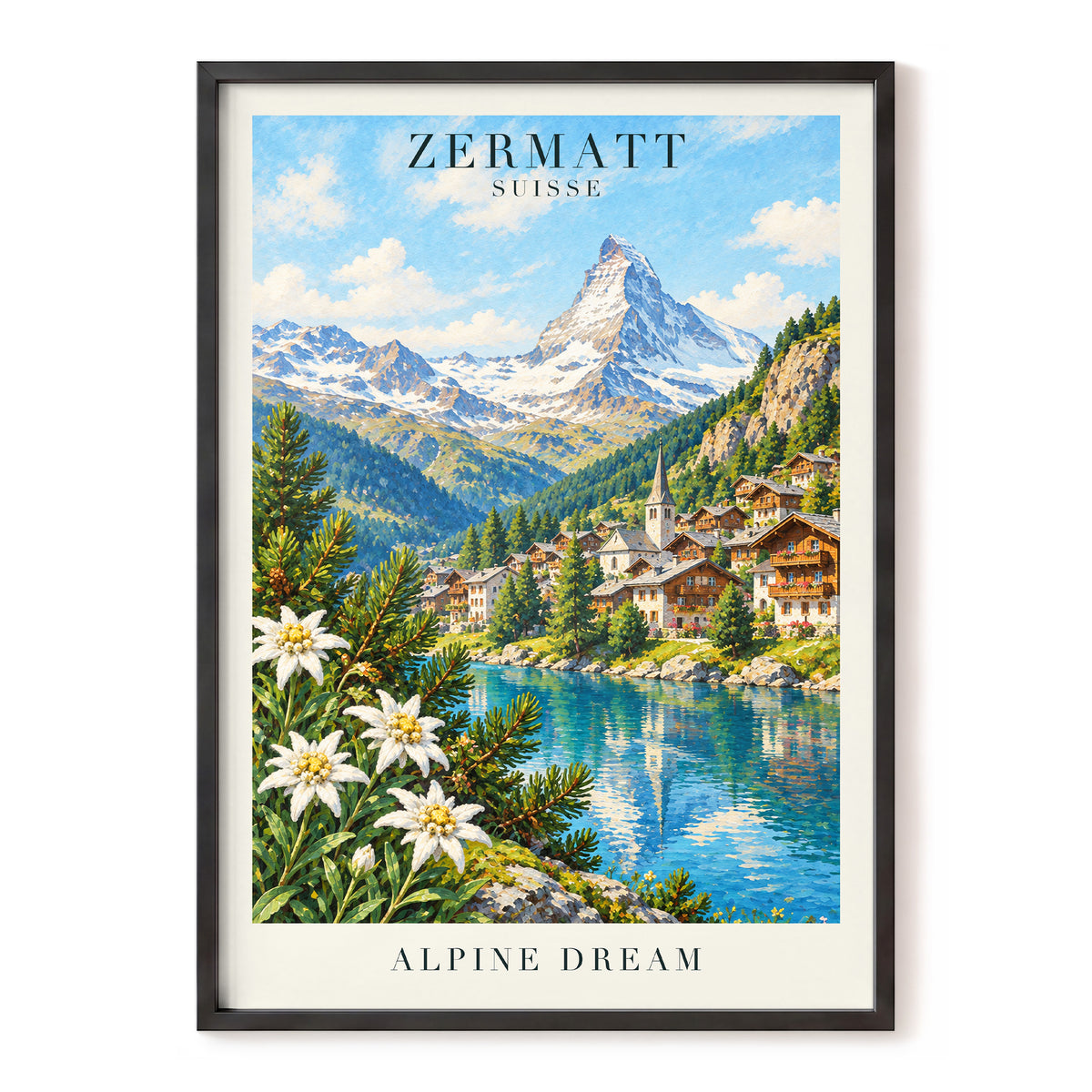 Zermatt Alpine Reverie, blue, green, white nature wall art, front artwork view