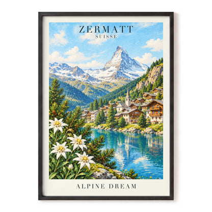 Zermatt Alpine Reverie, blue, green, white nature wall art, front artwork view
