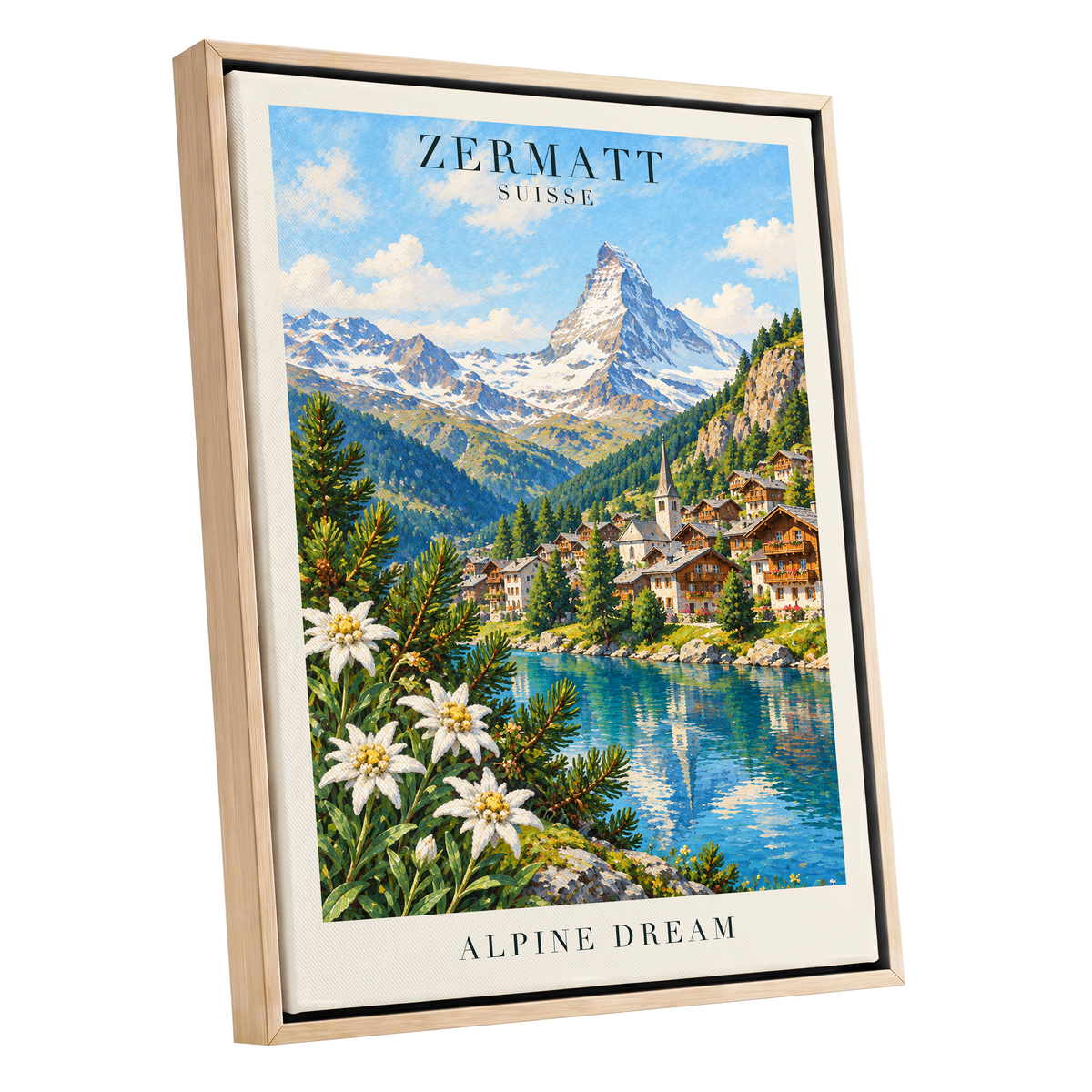 Zermatt Alpine Reverie, blue, green, white nature wall art shown as a oak framed canvas wall art