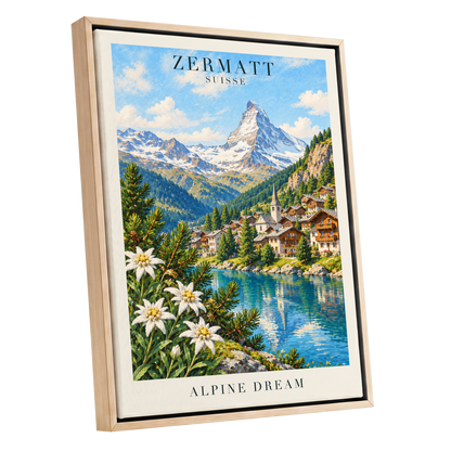 Zermatt Alpine Reverie, blue, green, white nature wall art shown as a oak framed canvas wall art