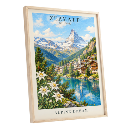 Zermatt Alpine Reverie, blue, green, white nature wall art shown as a oak framed poster wall art print