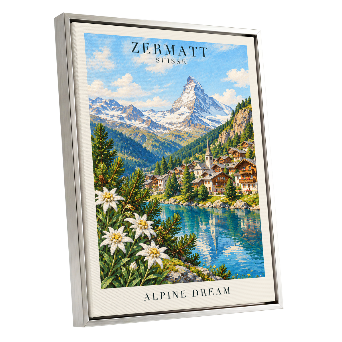 Zermatt Alpine Reverie, blue, green, white nature wall art shown as a silver framed canvas wall art