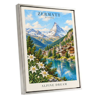 Zermatt Alpine Reverie, blue, green, white nature wall art shown as a silver framed canvas wall art