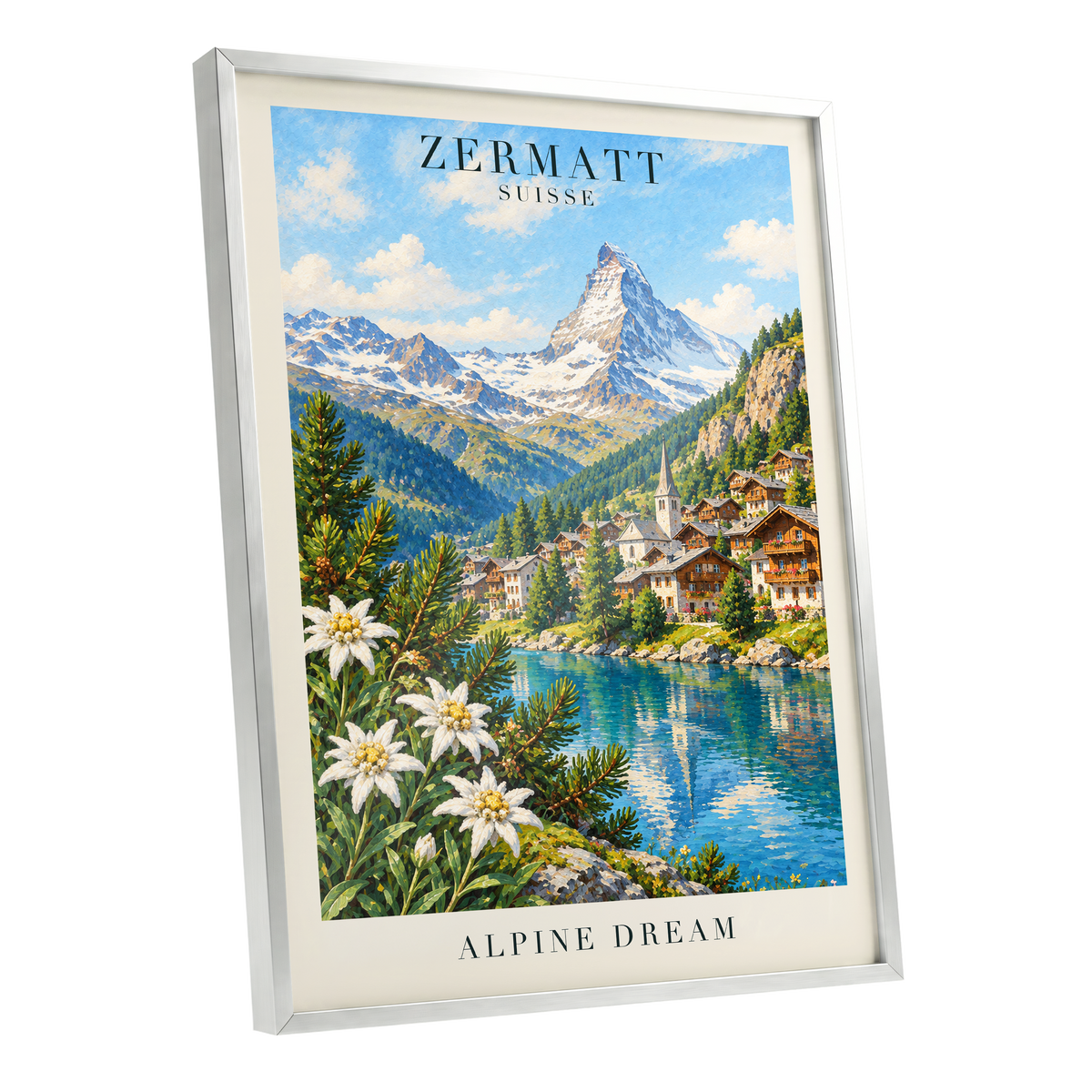 Zermatt Alpine Reverie, blue, green, white nature wall art shown as a silver framed poster wall art print
