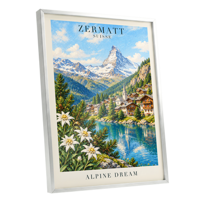 Zermatt Alpine Reverie, blue, green, white nature wall art shown as a silver framed poster wall art print