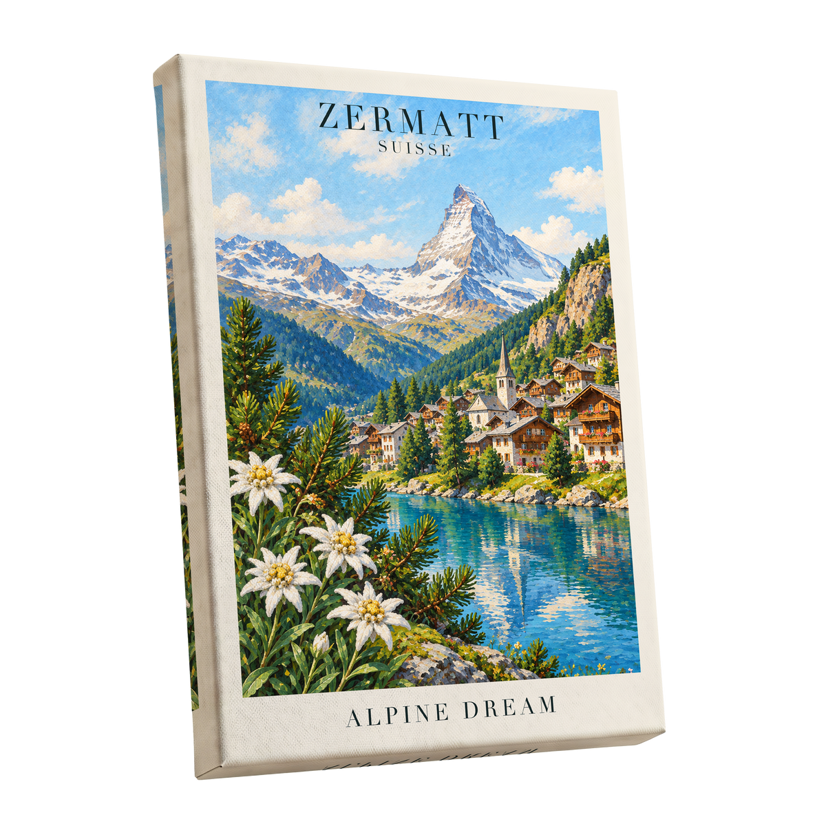 Zermatt Alpine Reverie, blue, green, white nature wall art shown as a stretched canvas wall art
