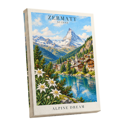 Zermatt Alpine Reverie, blue, green, white nature wall art shown as a stretched canvas wall art