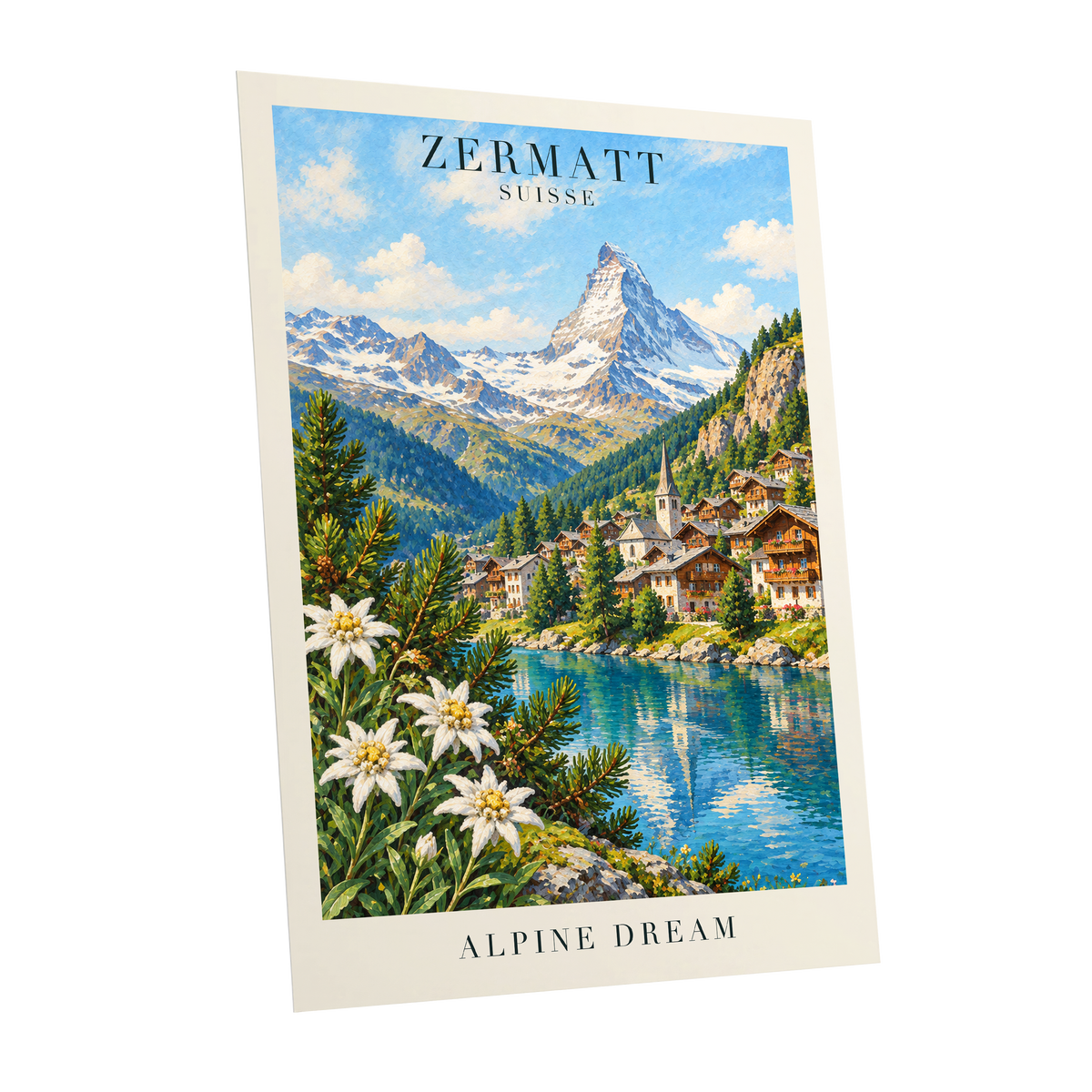 Zermatt Alpine Reverie, blue, green, white nature wall art shown as a unframed poster wall art print