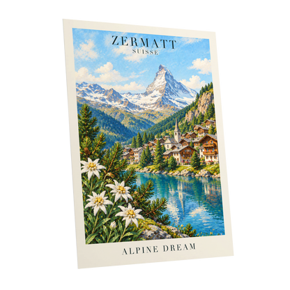 Zermatt Alpine Reverie, blue, green, white nature wall art shown as a unframed poster wall art print