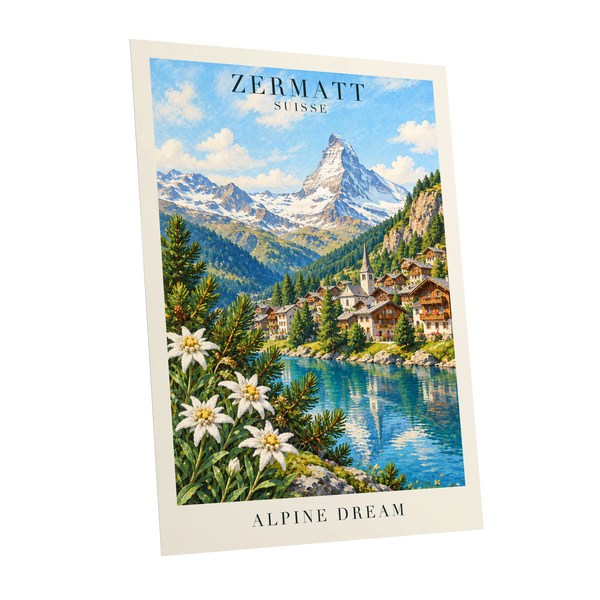 Zermatt Alpine Reverie, blue, green, white nature wall art shown as a unframed poster wall art print