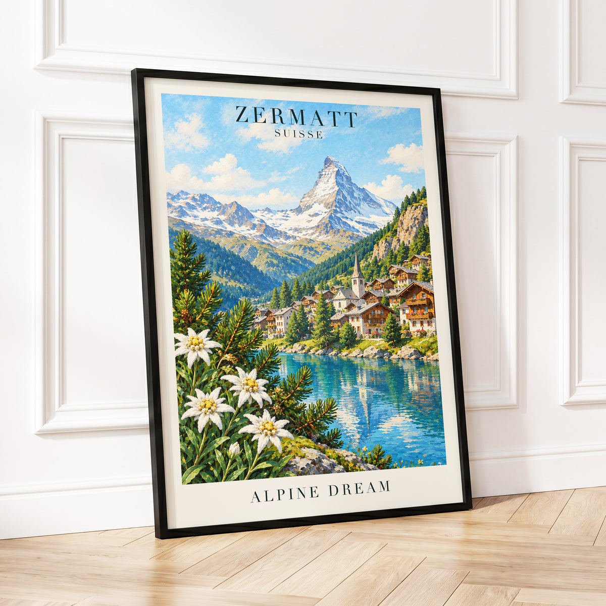 Zermatt Alpine Reverie, blue, green, white nature wall art displayed in a styled interior, gallery view 2