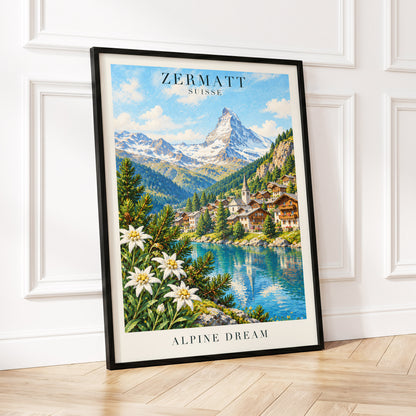 Zermatt Alpine Reverie, blue, green, white nature wall art displayed in a styled interior, gallery view 2