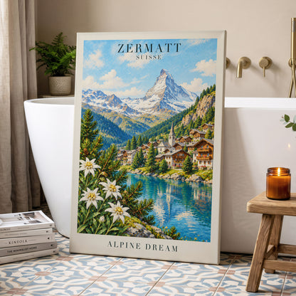 Zermatt Alpine Reverie, blue, green, white nature wall art displayed in a styled interior, gallery view 3