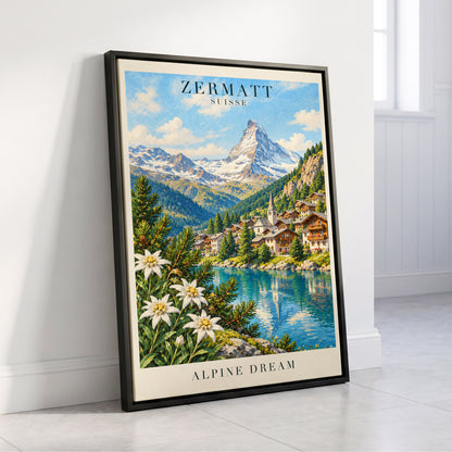 Zermatt Alpine Reverie, blue, green, white nature wall art displayed in a styled interior, gallery view 4