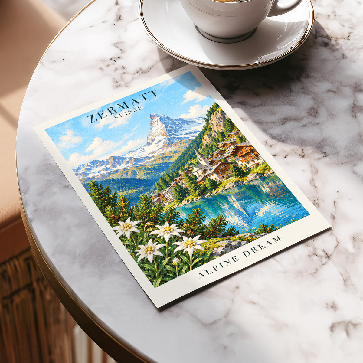 Zermatt Alpine Reverie, blue, green, white nature wall art displayed in a styled interior, gallery view 5