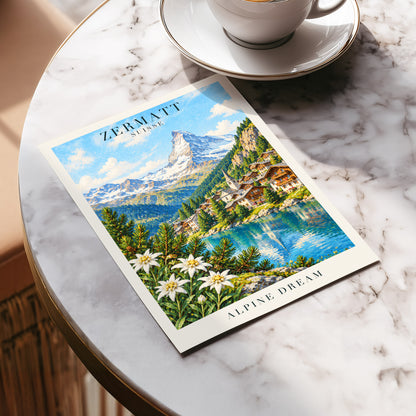 Zermatt Alpine Reverie, blue, green, white nature wall art displayed in a styled interior, gallery view 5