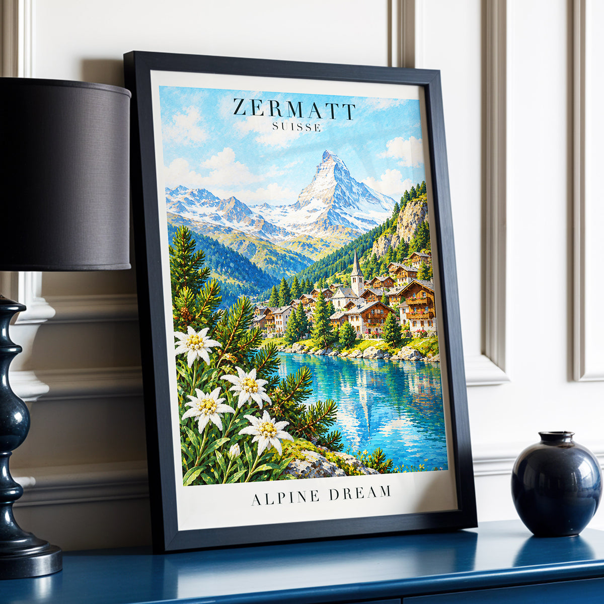 Zermatt Alpine Reverie, blue, green, white nature wall art displayed in a styled interior, gallery view 6