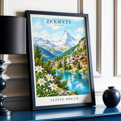 Zermatt Alpine Reverie, blue, green, white nature wall art displayed in a styled interior, gallery view 6
