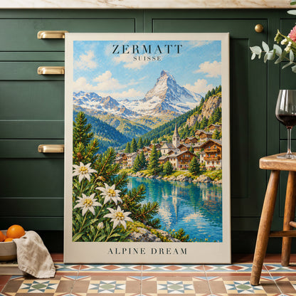 Zermatt Alpine Reverie, blue, green, white nature wall art displayed in a styled interior, gallery view 7