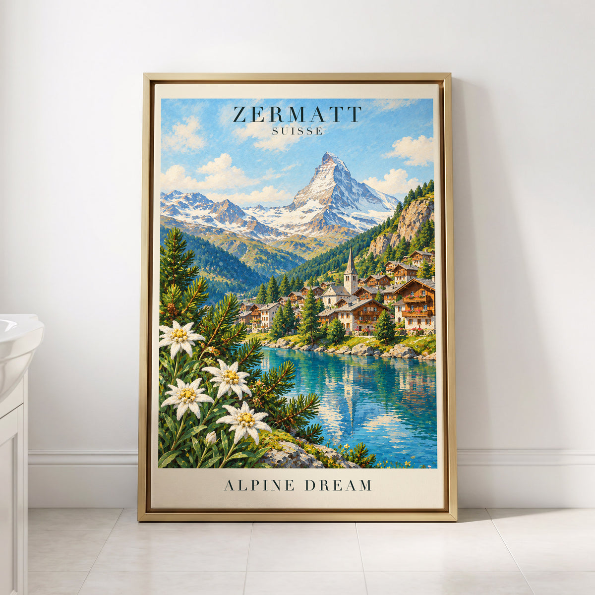 Zermatt Alpine Reverie, blue, green, white nature wall art displayed in a styled interior, gallery view 8