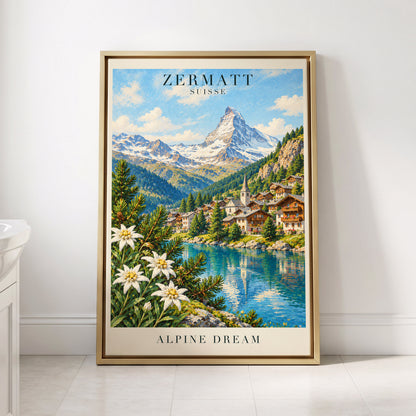 Zermatt Alpine Reverie, blue, green, white nature wall art displayed in a styled interior, gallery view 8