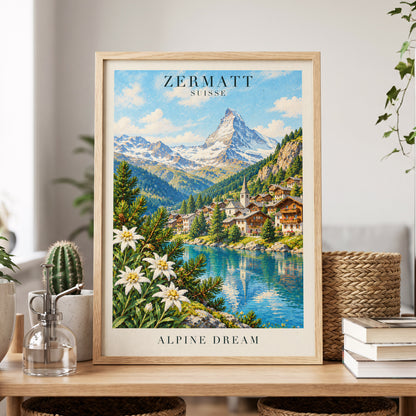 Zermatt Alpine Reverie, blue, green, white nature wall art displayed in a styled interior, gallery view 9