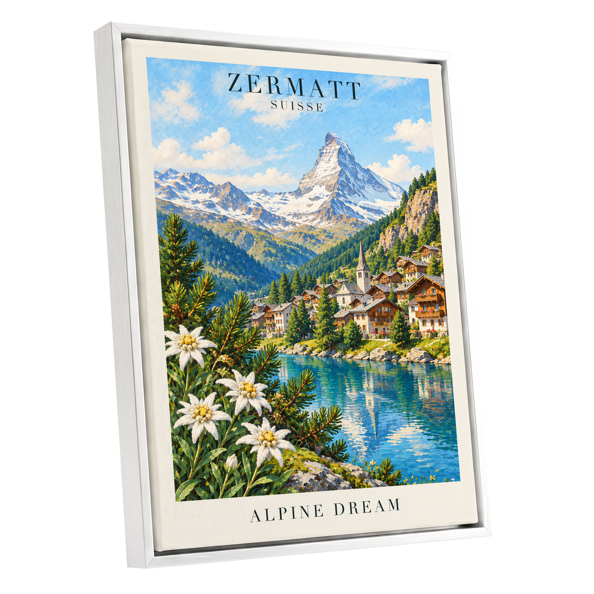 Zermatt Alpine Reverie, blue, green, white nature wall art shown as a white framed canvas wall art