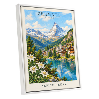 Zermatt Alpine Reverie, blue, green, white nature wall art shown as a white framed canvas wall art