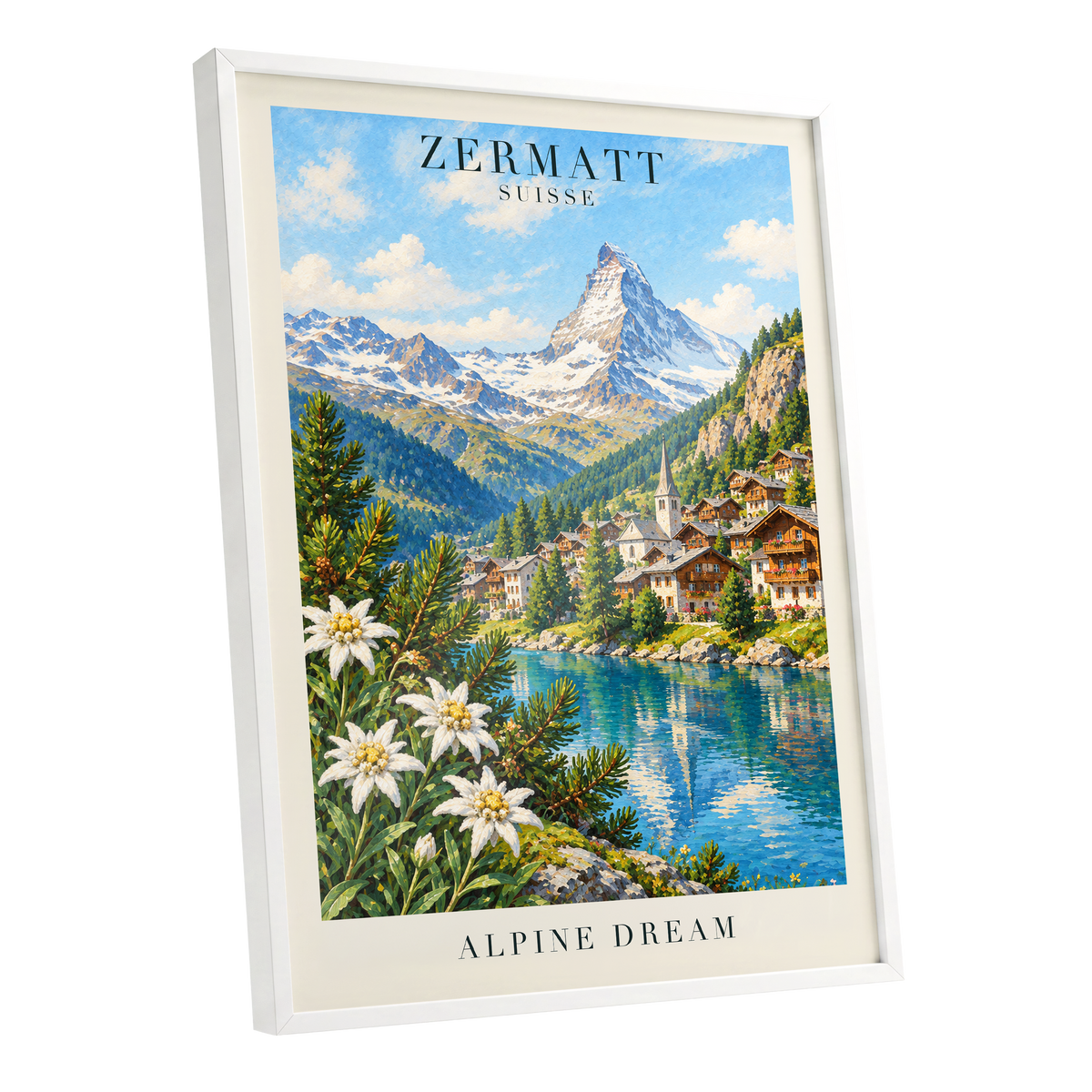 Zermatt Alpine Reverie, blue, green, white nature wall art shown as a white framed poster wall art print