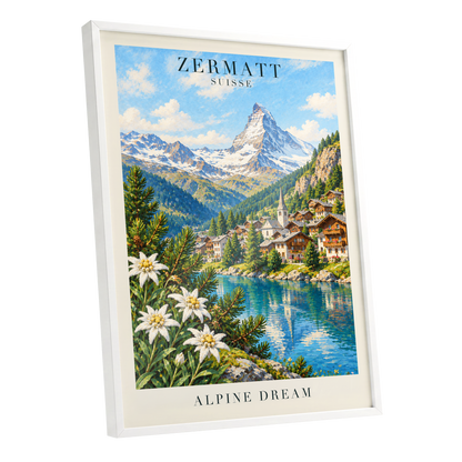 Zermatt Alpine Reverie, blue, green, white nature wall art shown as a white framed poster wall art print