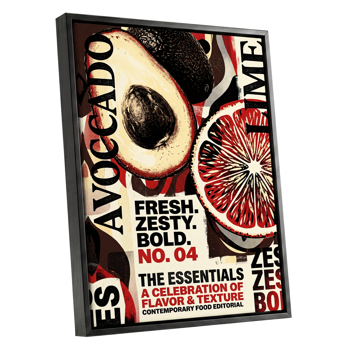 Zesty Essentials, black, beige, red abstract wall art shown as a black framed canvas wall art