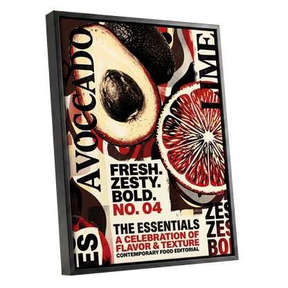 Zesty Essentials, black, beige, red abstract wall art shown as a black framed canvas wall art
