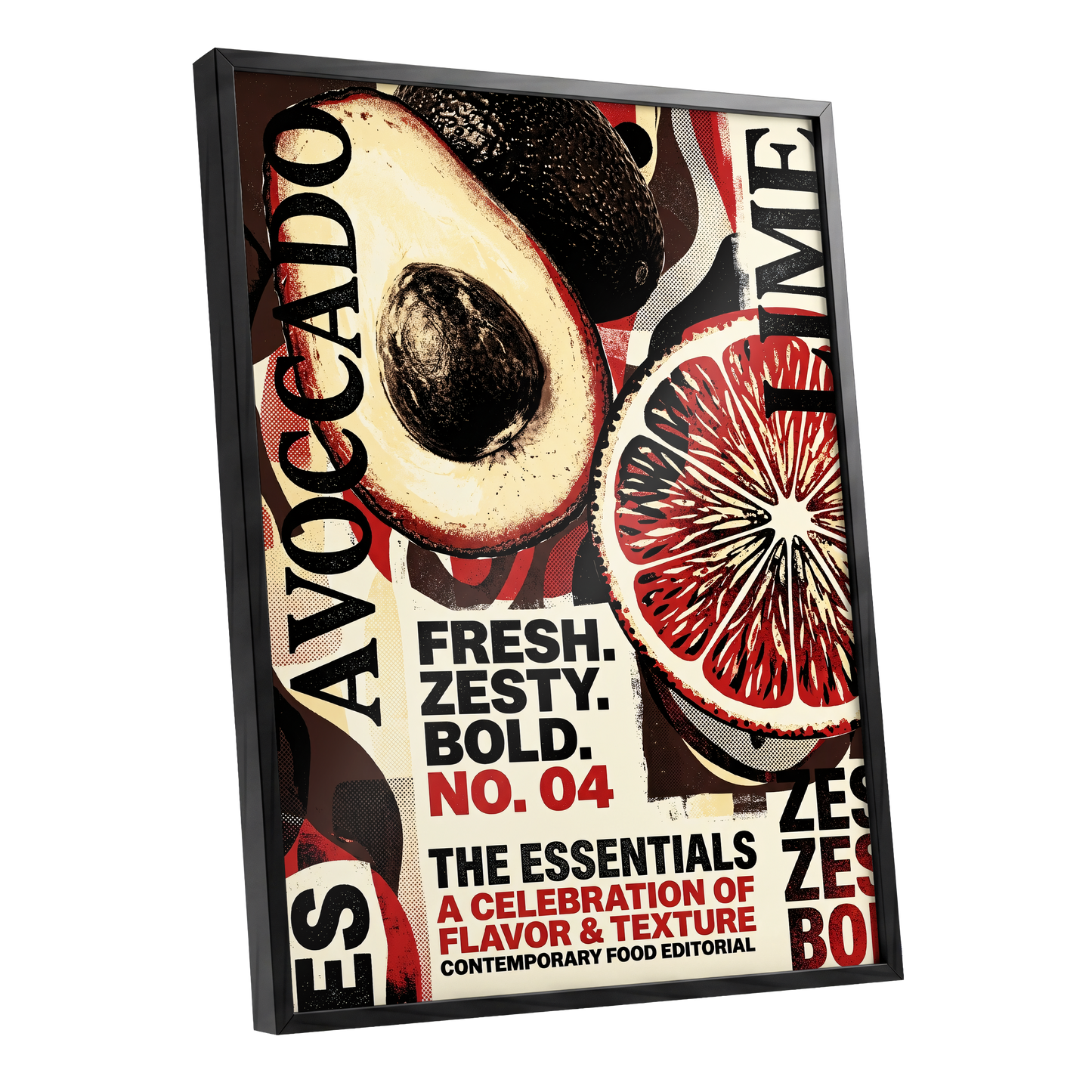 Zesty Essentials, black, beige, red abstract wall art shown as a black framed poster wall art print