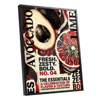 Zesty Essentials, black, beige, red abstract wall art shown as a black framed poster wall art print
