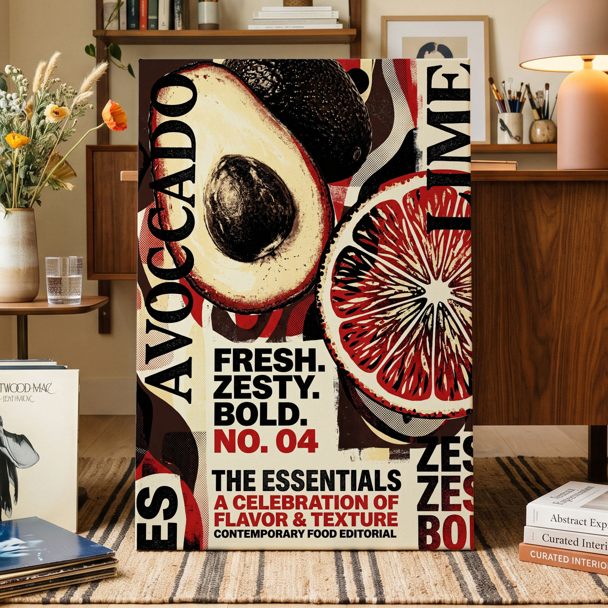 Zesty Essentials, black, beige, red abstract wall art on canvas displayed in a styled interior, gallery view 1