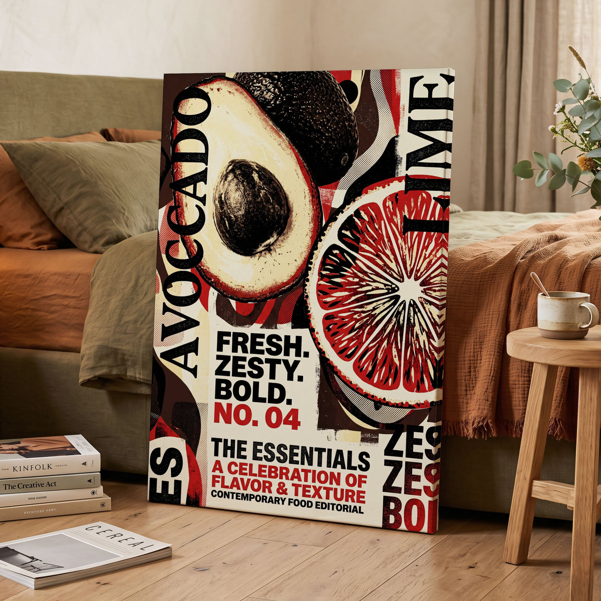 Zesty Essentials, black, beige, red abstract wall art on canvas displayed in a styled interior, gallery view 2