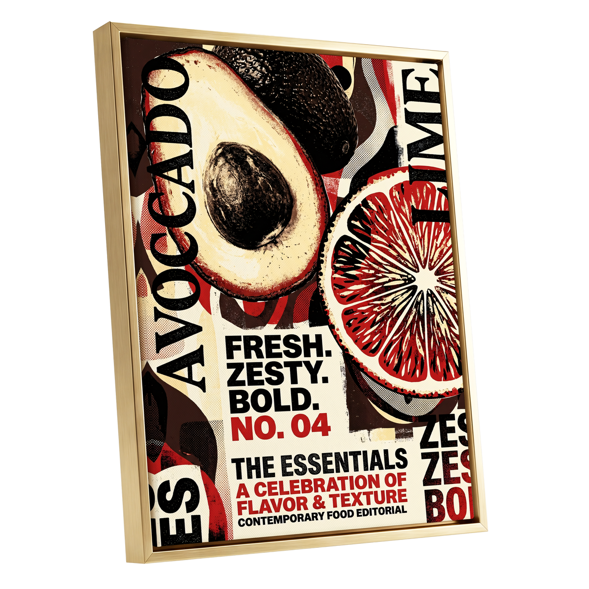 Zesty Essentials, black, beige, red abstract wall art shown as a gold framed canvas wall art