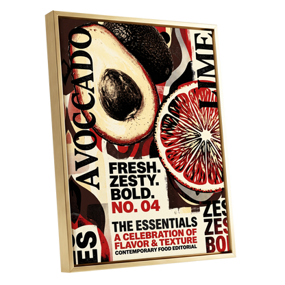 Zesty Essentials, black, beige, red abstract wall art shown as a gold framed canvas wall art