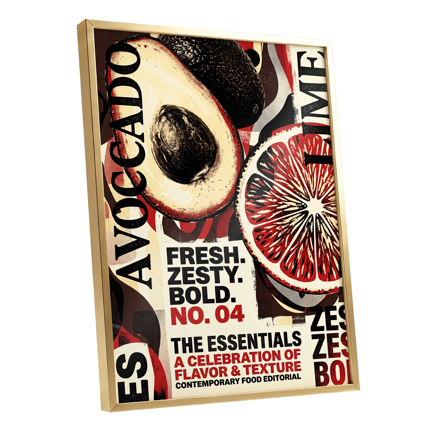 Zesty Essentials, black, beige, red abstract wall art shown as a gold framed poster wall art print