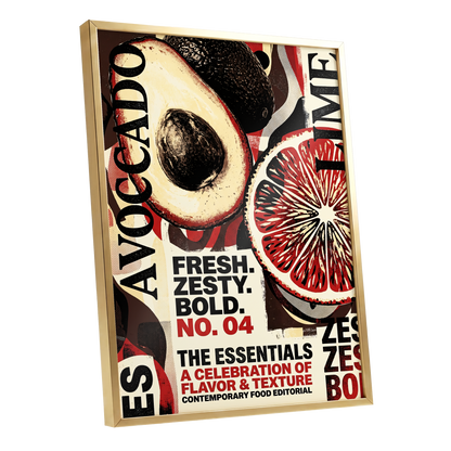 Zesty Essentials, black, beige, red abstract wall art shown as a gold framed poster wall art print