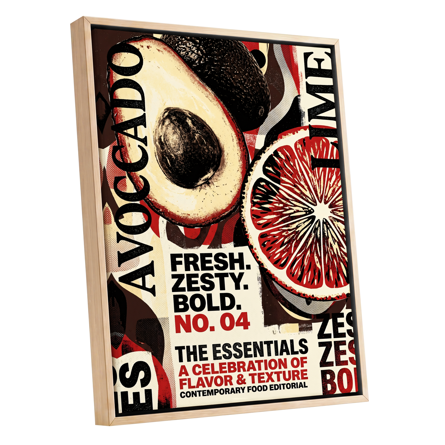 Zesty Essentials, black, beige, red abstract wall art shown as a oak framed canvas wall art