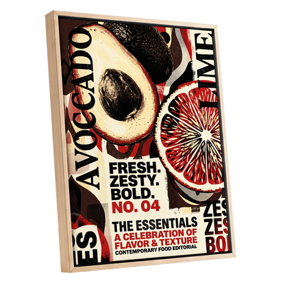 Zesty Essentials, black, beige, red abstract wall art shown as a oak framed canvas wall art