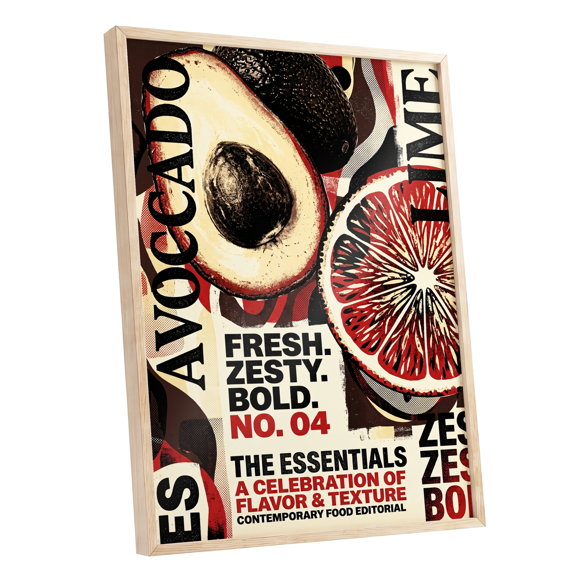 Zesty Essentials, black, beige, red abstract wall art shown as a oak framed poster wall art print