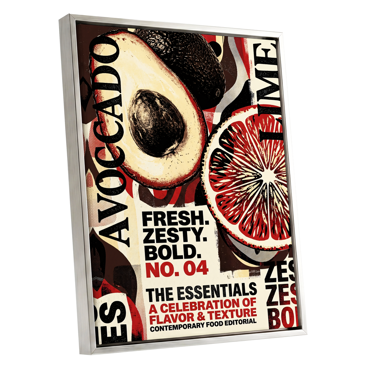 Zesty Essentials, black, beige, red abstract wall art shown as a silver framed canvas wall art